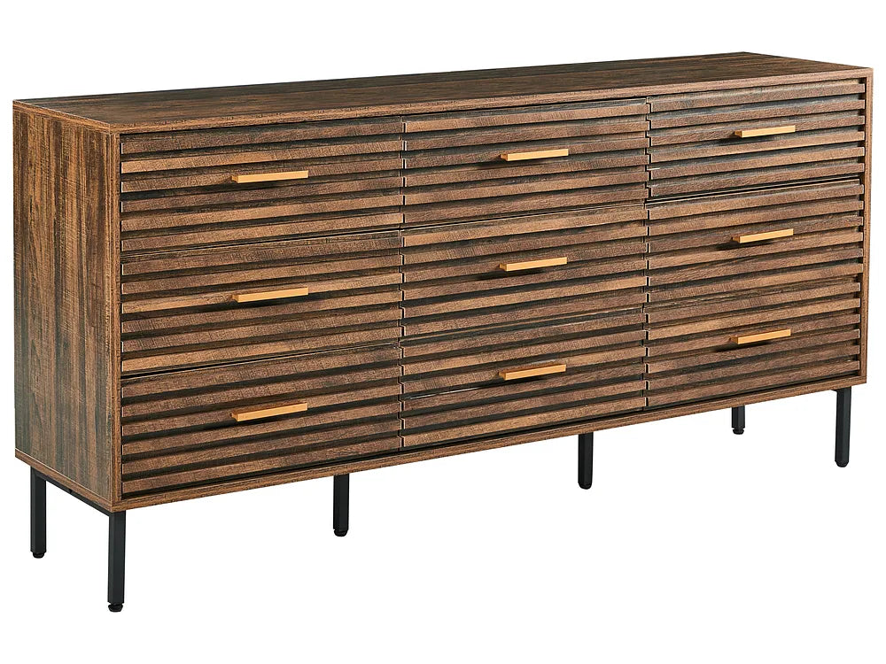 Wooden dresser with horizontal slats and metal legs on a white background