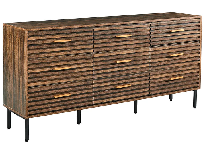 Wooden dresser with horizontal slats and metal legs on a white background