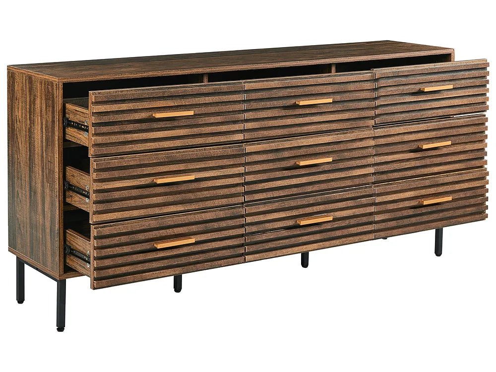 Wooden dresser with horizontal slats and metal handles on a white background