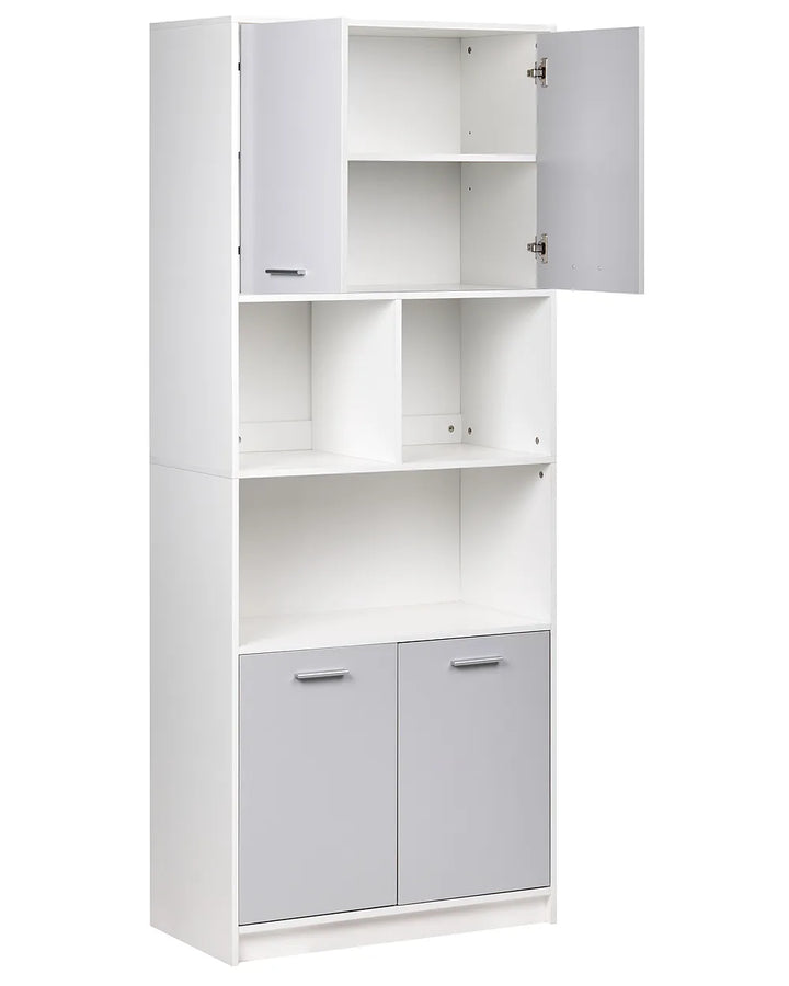 A tall white storage cabinet with two upper doors, one open, showing three interior shelves, two middle open shelves, and two lower doors with silver handles.