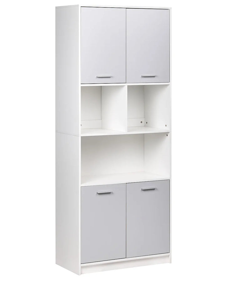 A tall white storage cabinet with two light gray doors on top, open shelves in the middle, and two light gray doors on the bottom, shown on a plain white background.