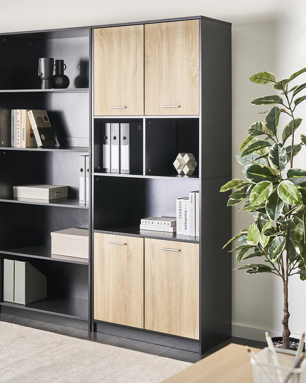 Modern office cabinet with black and wood finish in a room setting.
