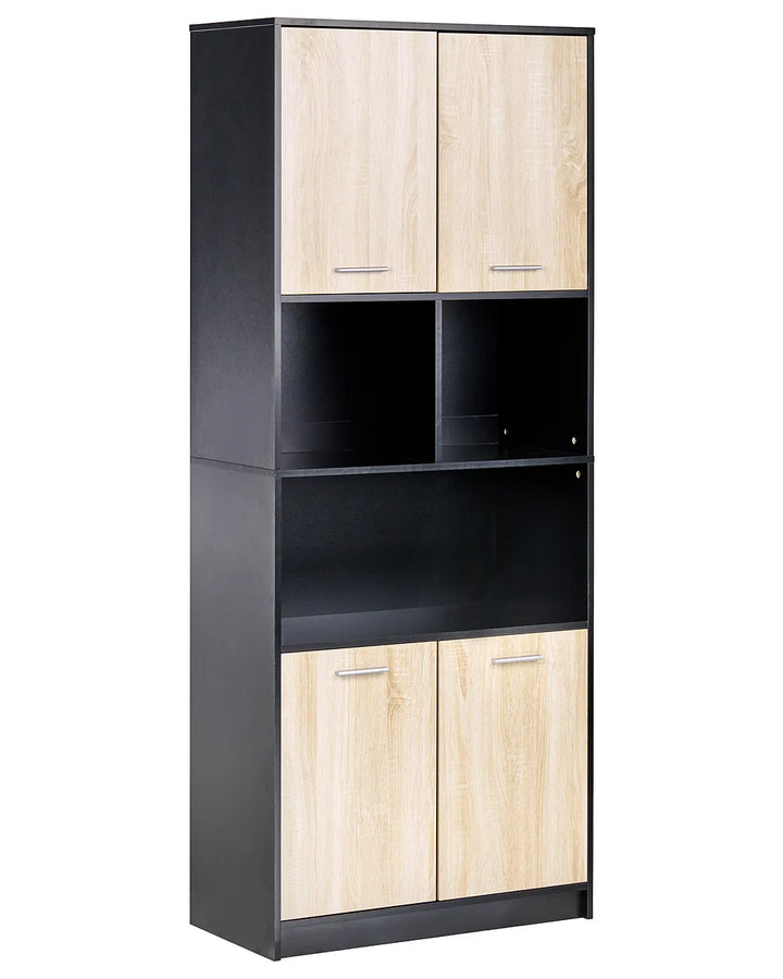 A tall black and light wood storage cabinet with two upper doors, two lower doors, and three open shelves, shown on a plain white background.