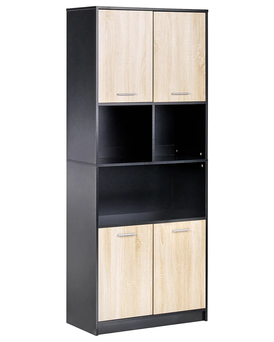 A tall black and light wood storage cabinet with two upper doors, two lower doors, and three open shelves, shown on a plain white background.