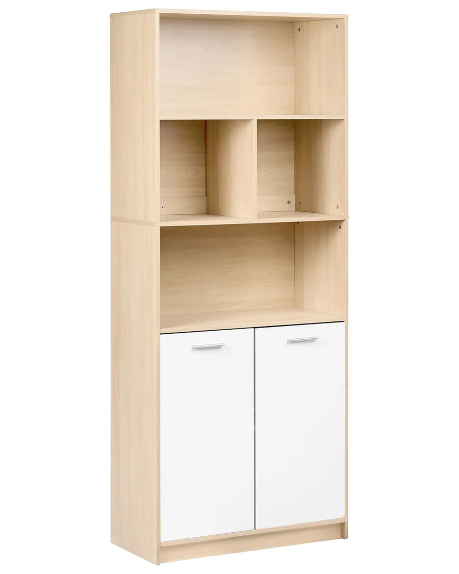 A tall bookcase with a light natural wood finish and two white cabinet doors at the bottom, shown on a plain white background.