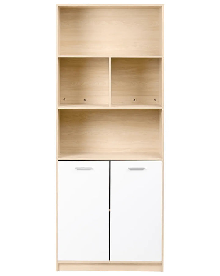 A tall bookcase with a light natural wood finish on the open shelves and white cabinet doors on the lower section, shown against a plain white background.