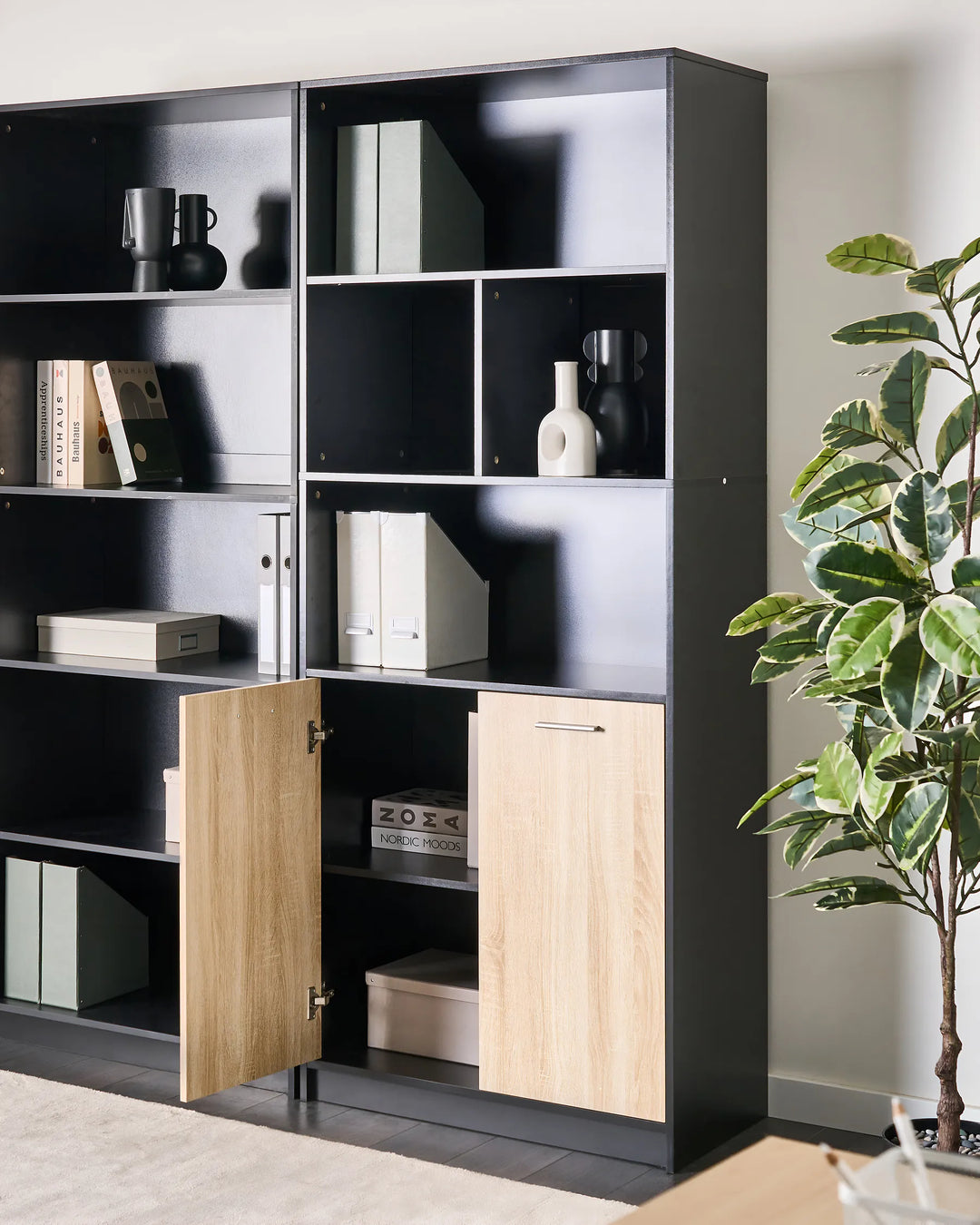 Black bookshelf with wooden doors in a room with a plant
