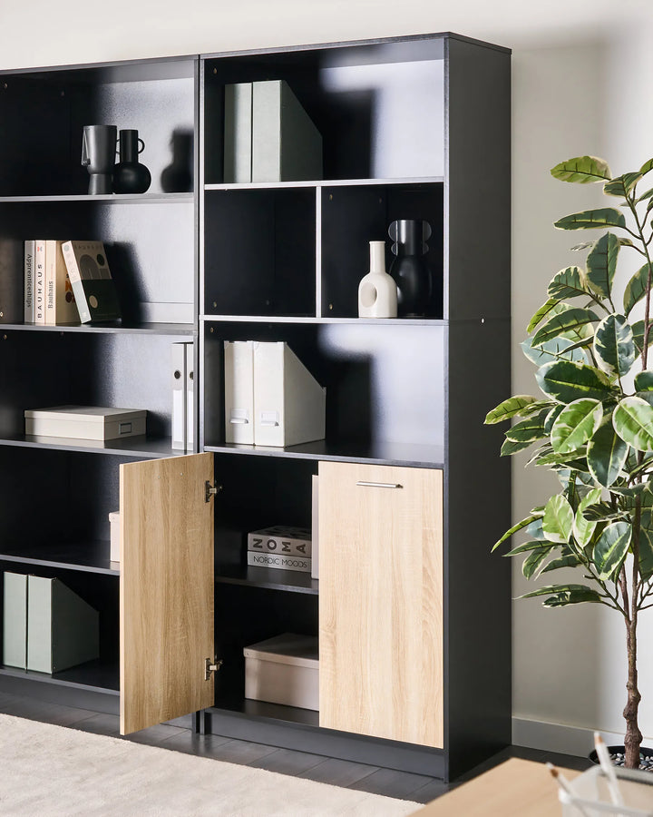 Black bookshelf with wooden doors in a room with a plant