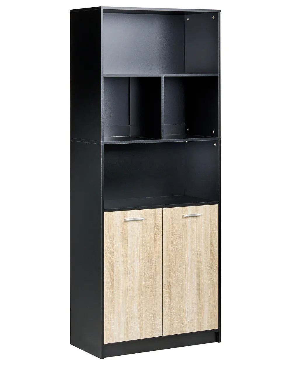 A tall black and light wood bookcase cabinet with open shelves on the upper half and two light oak doors with silver handles on the lower half, shown against a plain white background.