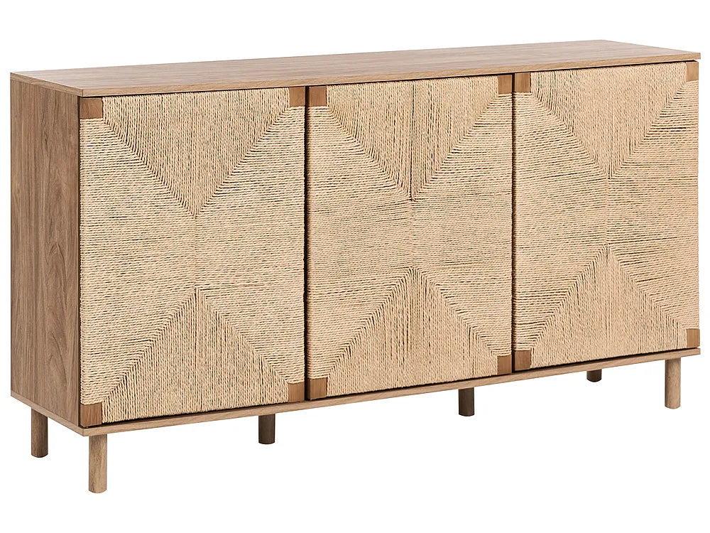 A modern three-door sideboard cabinet with a natural oak wood frame and woven cane doors featuring a geometric chevron pattern, shown on a plain white background.