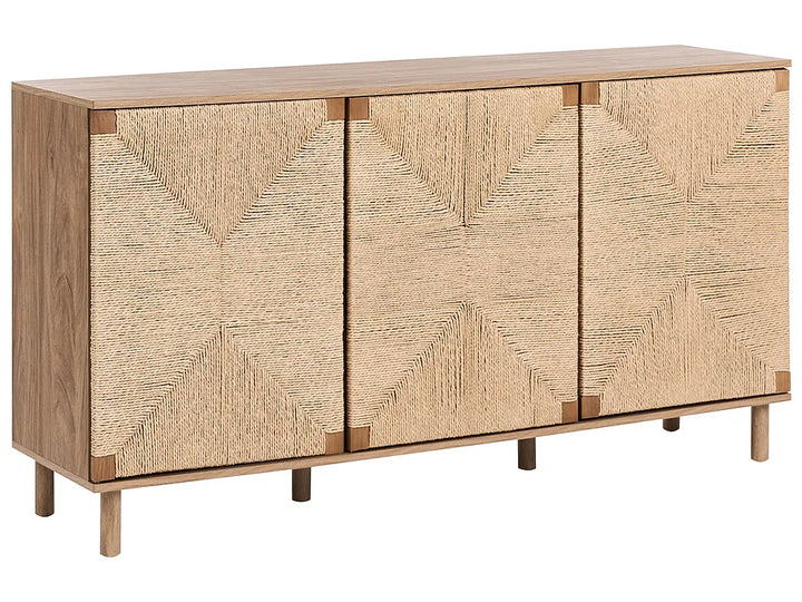 A modern three-door sideboard cabinet with a natural oak wood frame and woven cane doors featuring a geometric chevron pattern, shown on a plain white background.