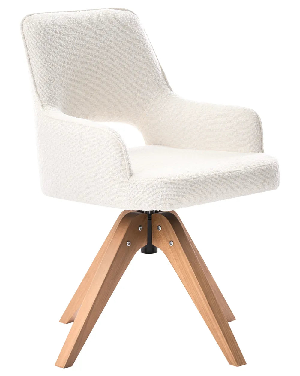 A modern swivel dining chair with a textured off-white bouclé upholstered seat and back, supported by a light natural wood four-star base.