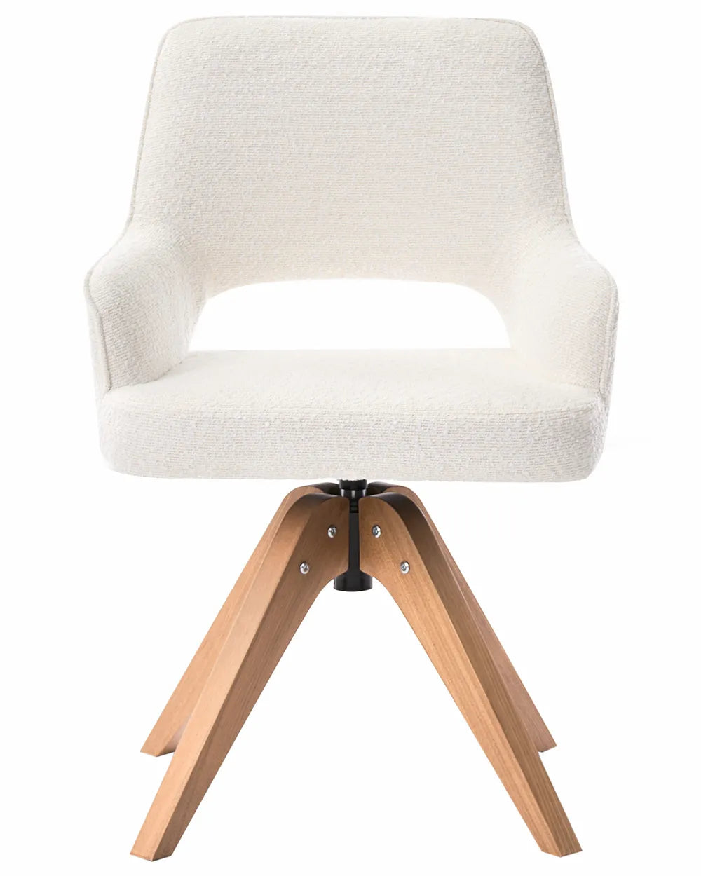 A modern swivel dining chair with a textured off-white bouclé upholstered seat and backrest, supported by a natural wood tripod base.