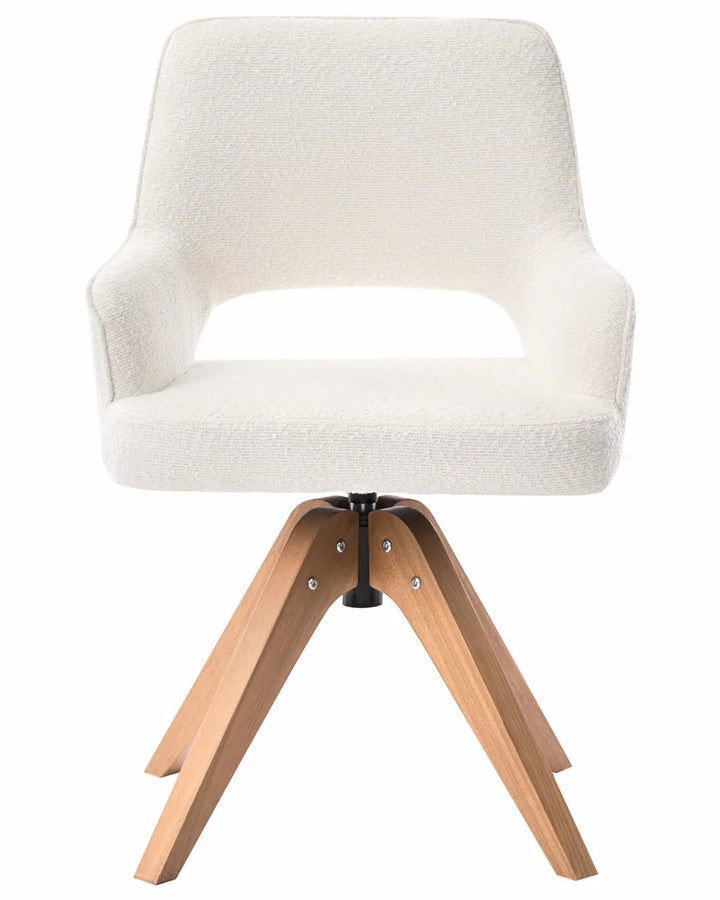 A modern swivel dining chair with a textured off-white bouclé upholstered seat and backrest, supported by a natural wood tripod base.