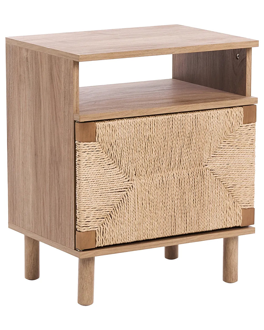 Wooden side table with woven basket drawer on a white background