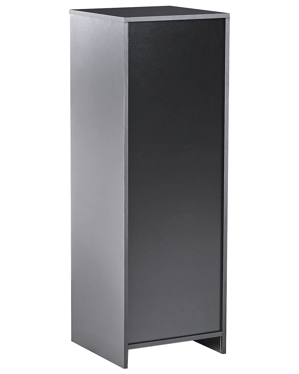 A tall, narrow rectangular cabinet or storage unit with a brushed silver metal exterior and a dark charcoal front panel, shown on a plain white background.