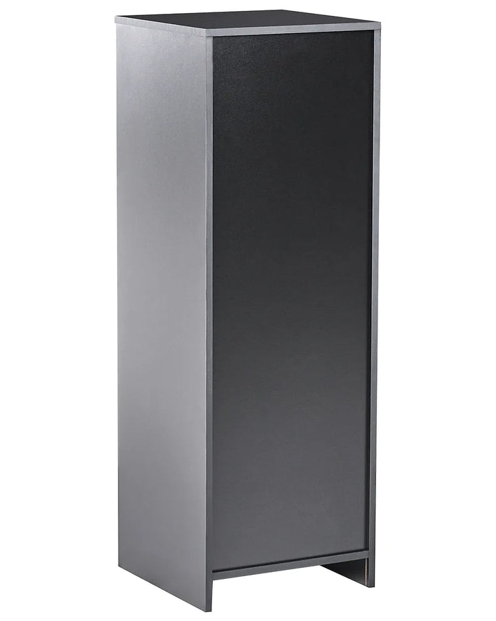 A tall, narrow rectangular cabinet or storage unit with a brushed silver metal exterior and a dark charcoal front panel, shown on a plain white background.