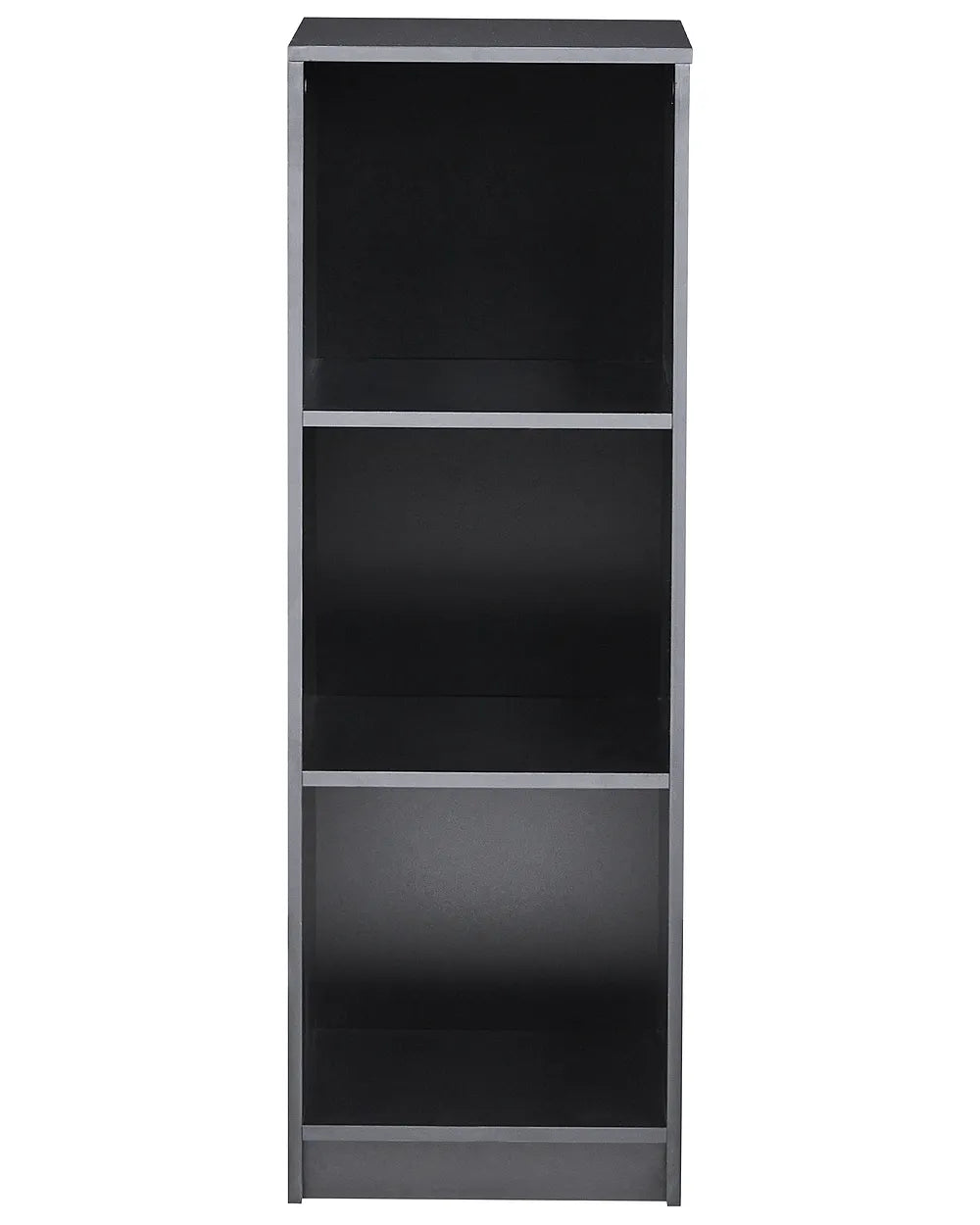 A three-tier bookcase with a black finish and silver-gray side frames, shown against a plain white background.