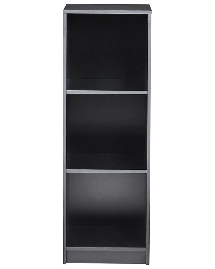 A three-tier bookcase with a black finish and silver-gray side frames, shown against a plain white background.