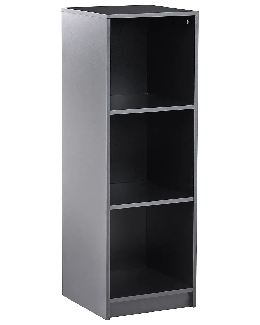 Tall gray bookshelf with four shelves on a white background