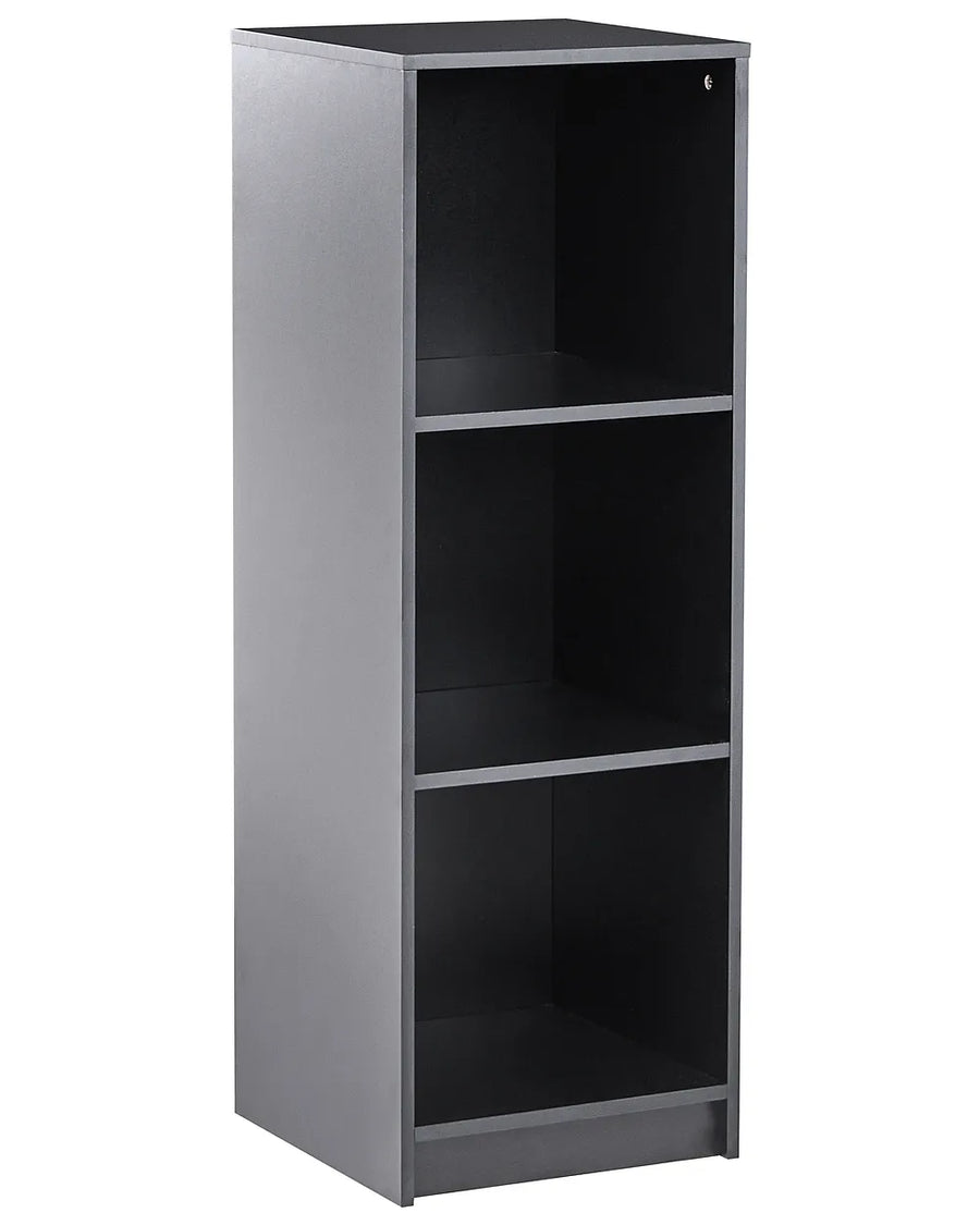 Tall gray bookshelf with four shelves on a white background