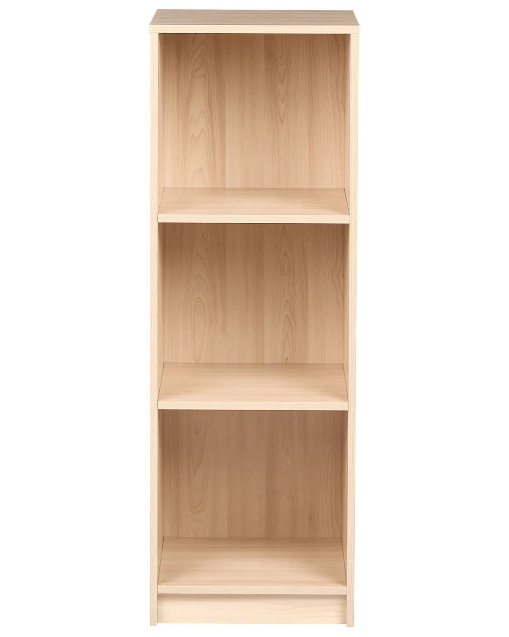 A tall, narrow three-tier wooden bookcase with a light natural wood finish and visible grain patterns, shown against a plain white background.