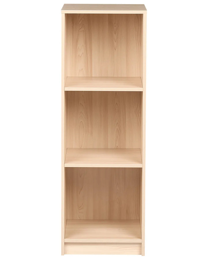 A tall, narrow three-tier wooden bookcase with a light natural wood finish and visible grain patterns, shown against a plain white background.