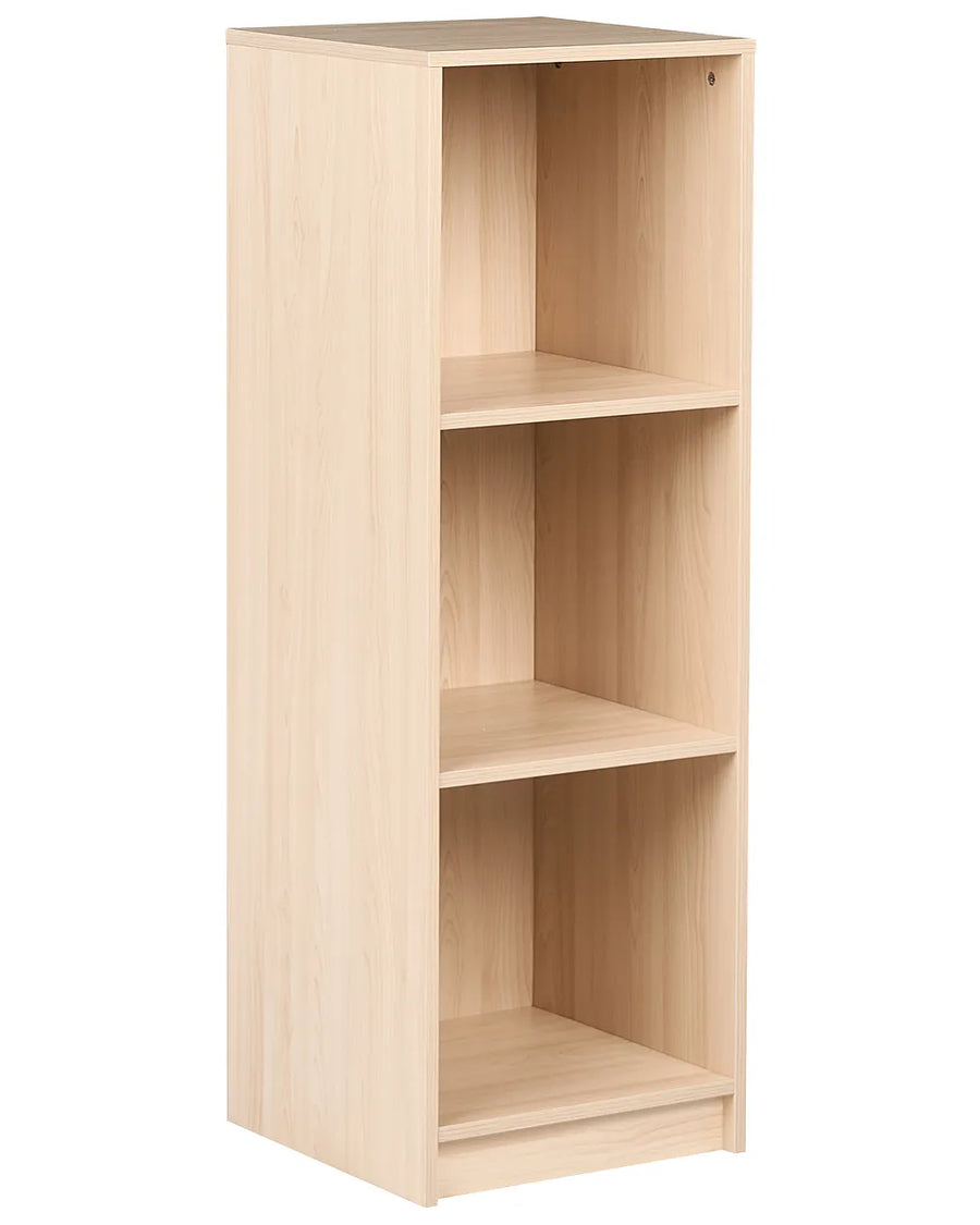 Wooden bookshelf with three shelves on a white background