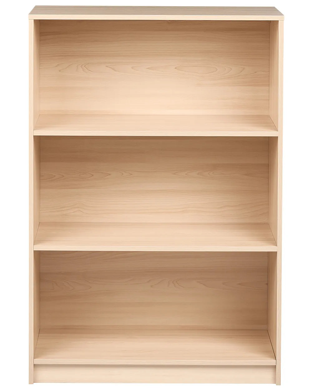 A three-tier wooden bookcase with a light natural wood finish and visible grain patterns, shown against a plain white background.