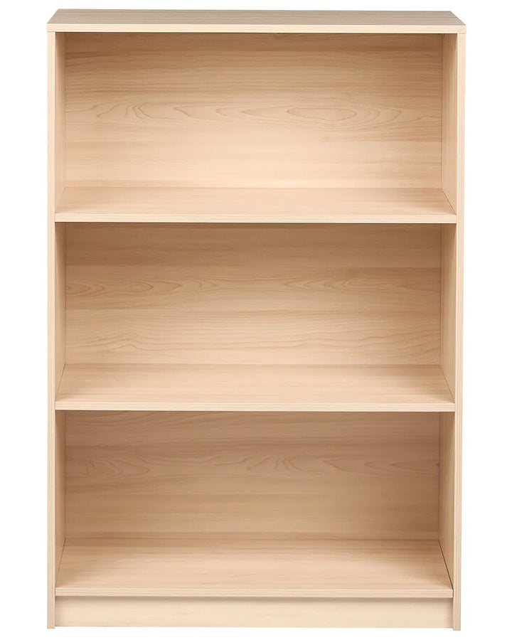 A three-tier wooden bookcase with a light natural wood finish and visible grain patterns, shown against a plain white background.
