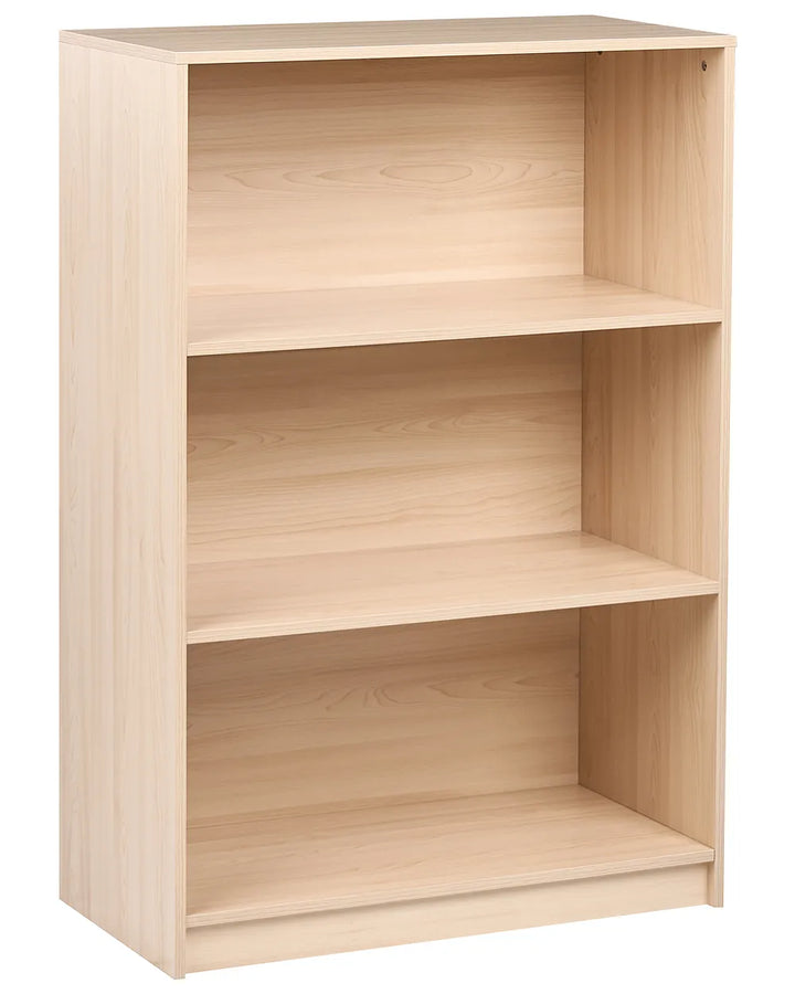 A three-tier wooden bookcase with a light natural wood finish, shown from a three-quarter angle on a white background.