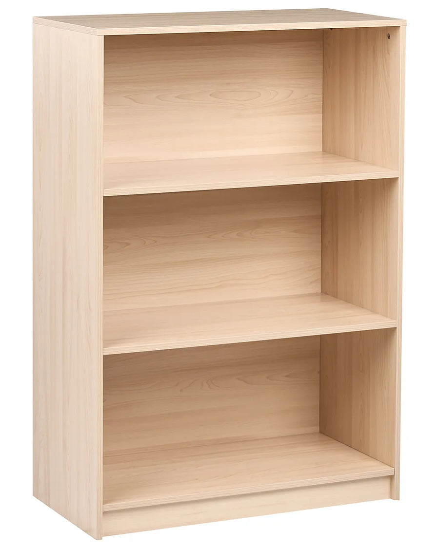 A three-tier wooden bookcase with a light natural wood finish, shown from a three-quarter angle on a white background.