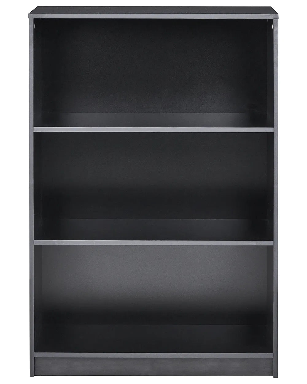 A three-tier black bookcase with a minimalist frame, shown empty against a plain white background.
