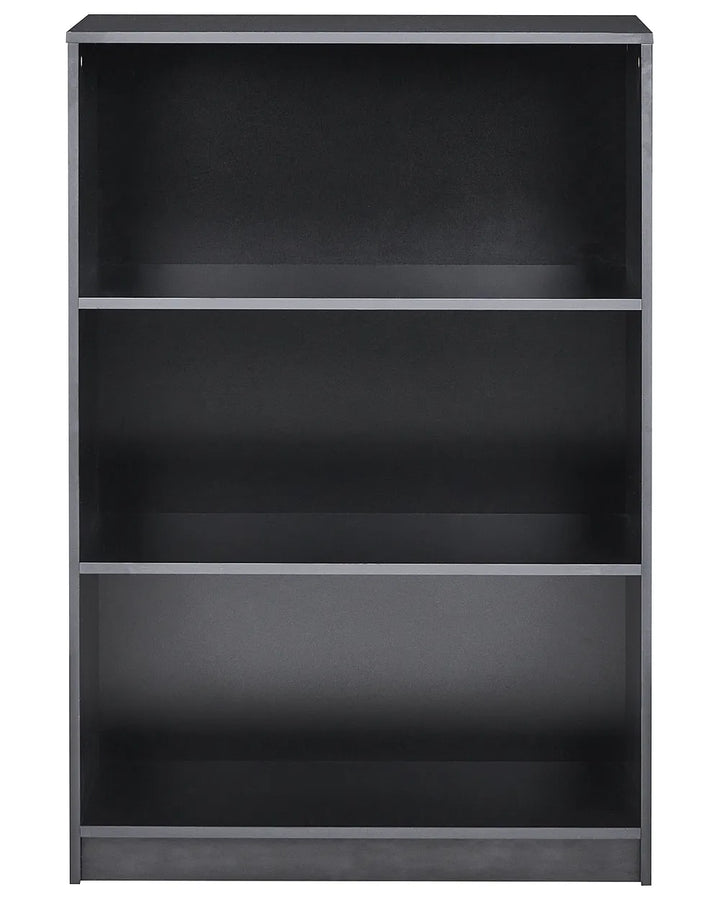 A three-tier black bookcase with a minimalist frame, shown empty against a plain white background.
