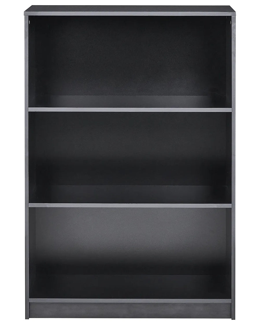 A three-tier black bookcase with a minimalist frame, shown empty against a plain white background.