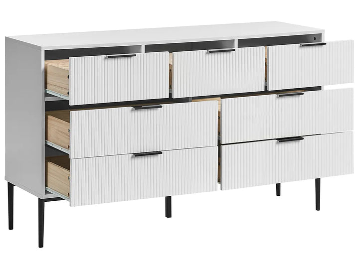 A modern six-drawer dresser with white ribbed drawer fronts, black metal legs, and open top storage compartments, shown on a plain white background.