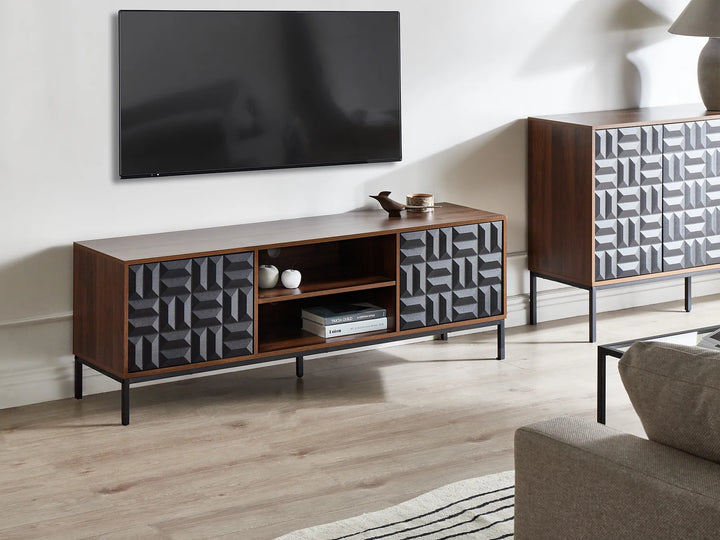 Modern living room with wooden TV stand and sideboard against a white wall.