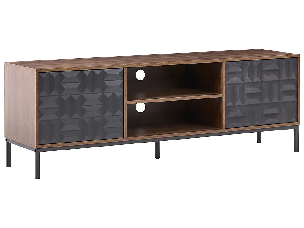 A modern media console with a medium brown wood finish, featuring two dark gray geometric patterned doors and open shelving in the center, supported by slim black metal legs.