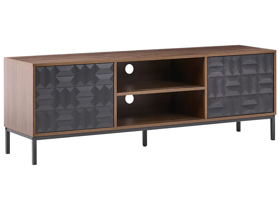 A modern media console with a medium brown wood finish, featuring two dark gray geometric patterned doors and open shelving in the center, supported by slim black metal legs.