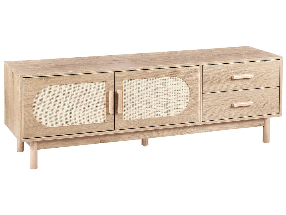 Wooden cabinet with rattan doors and drawers on a white background