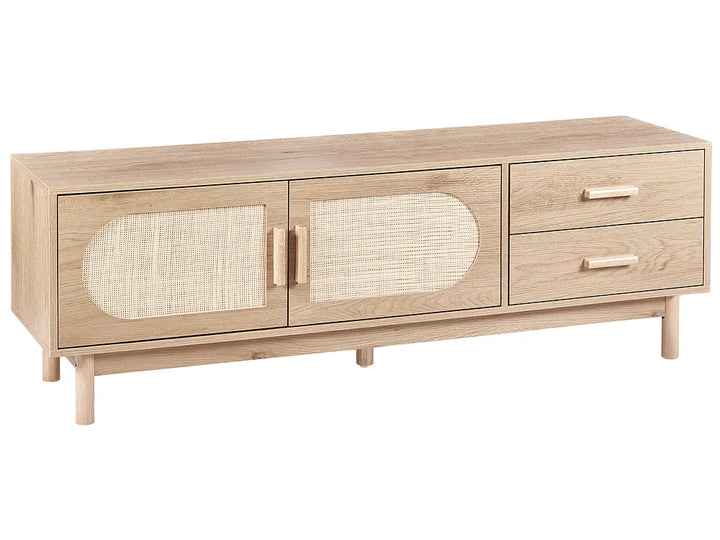 Wooden cabinet with rattan doors and drawers on a white background