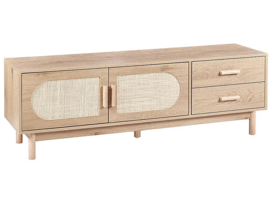 Wooden cabinet with rattan doors and drawers on a white background
