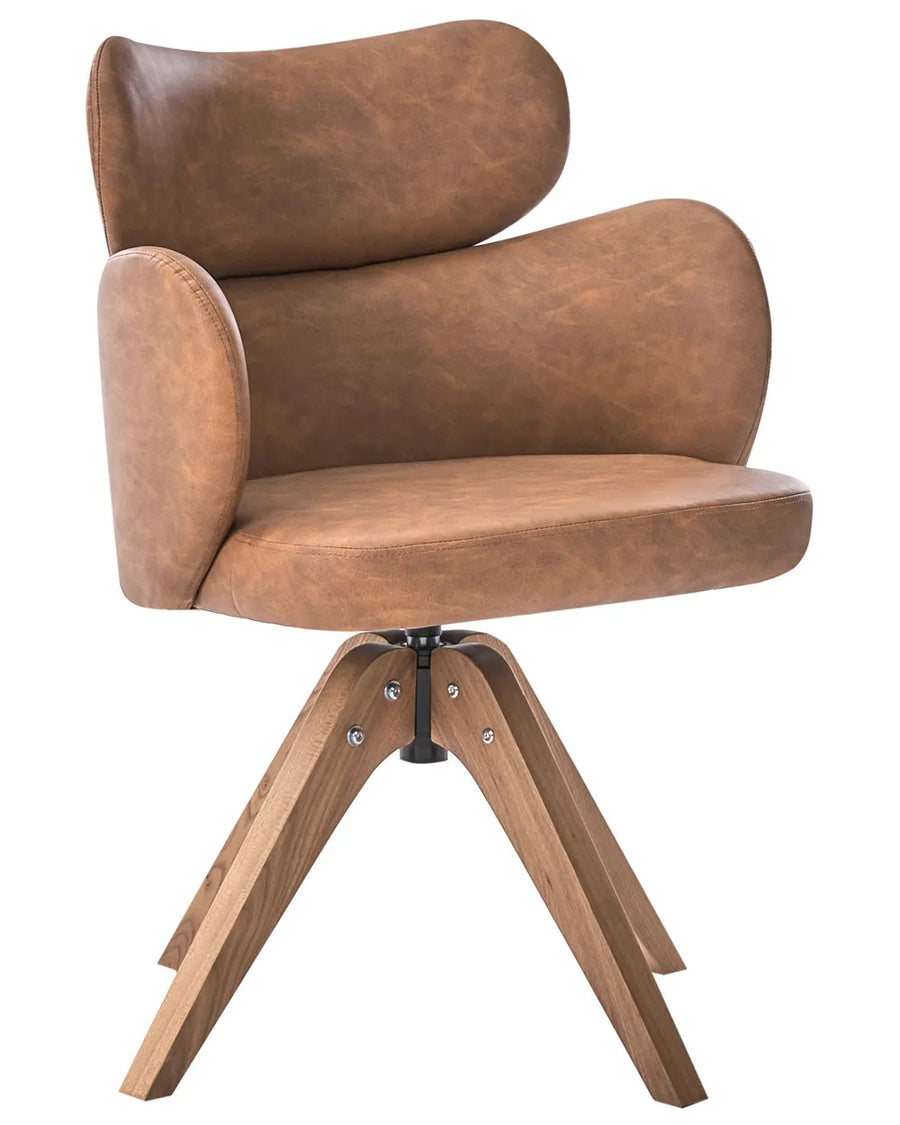 A modern accent chair with curved brown faux leather upholstery on a swivel base with wooden legs, shown against a plain white background.
