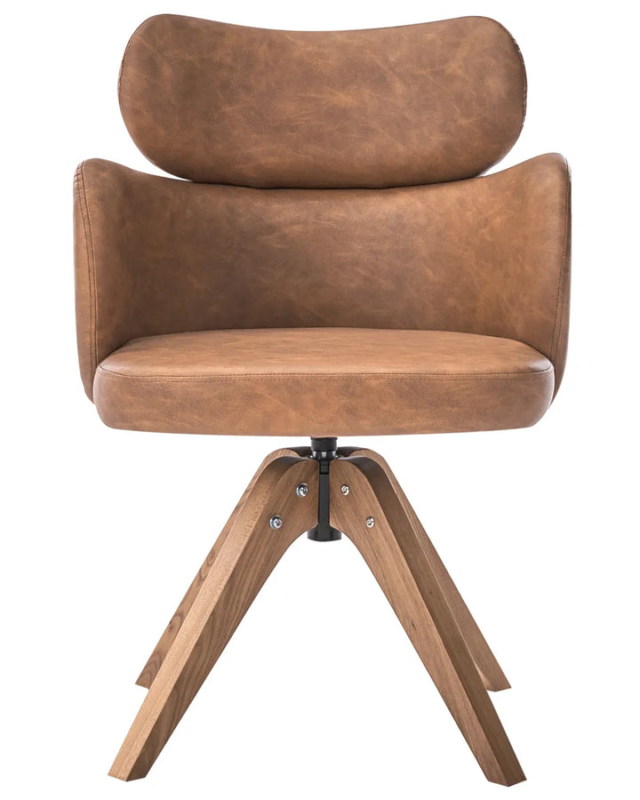 A modern swivel dining chair with a curved brown faux-leather upholstered seat and backrest, supported by a natural wood four-star base on a white background.