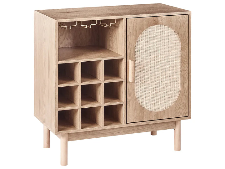 A light oak wood side cabinet with a wine bottle rack on the left, a 4-tier shelf, and a right door featuring a large oval woven cane inlay, shown on a white background.