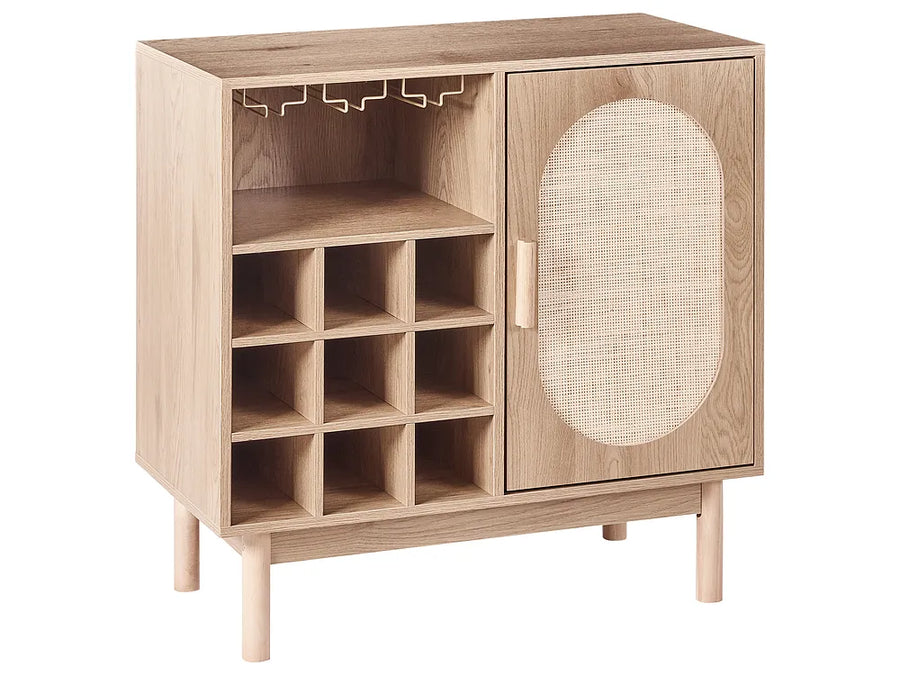 A light oak wood side cabinet with a wine bottle rack on the left, a 4-tier shelf, and a right door featuring a large oval woven cane inlay, shown on a white background.