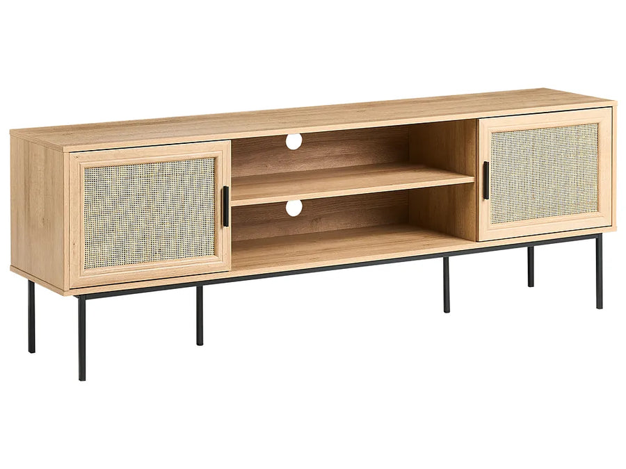 A modern wooden media console with two doors featuring woven cane panels, open shelving in the center, and slim black metal legs, shown on a plain white background.