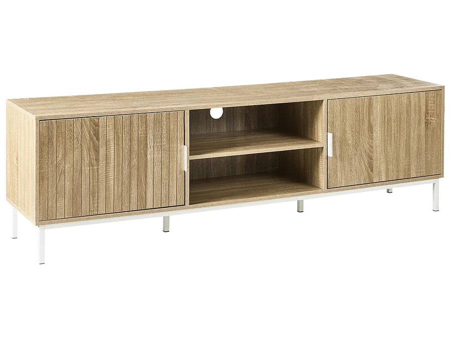 Wooden TV stand with two doors and open shelves on a white background