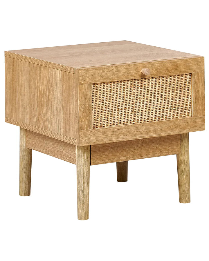 Wooden side table with a woven drawer on a white background