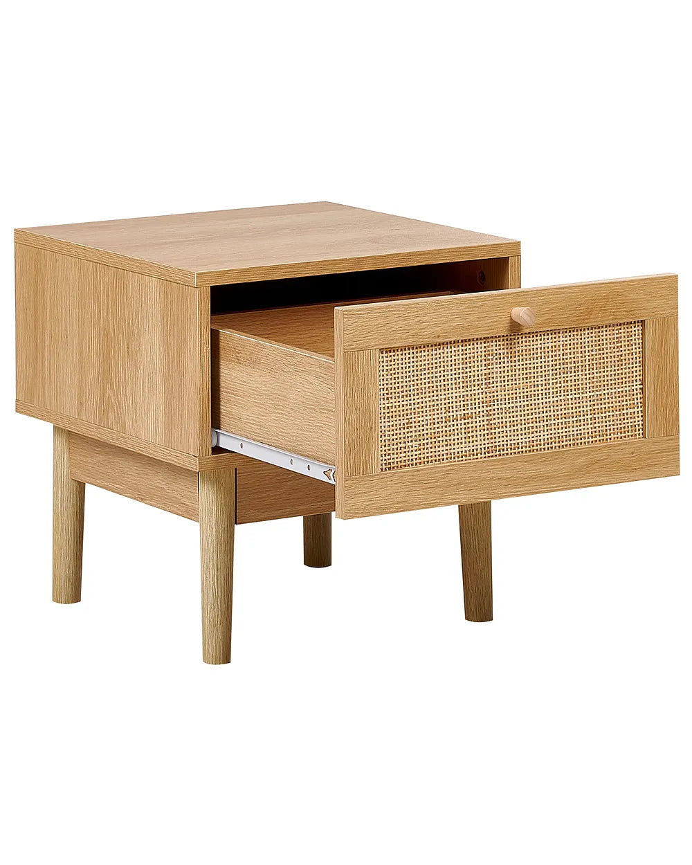 A light oak wood side table with a single drawer featuring a woven cane panel front and an open drawer, shown on a solid white background.